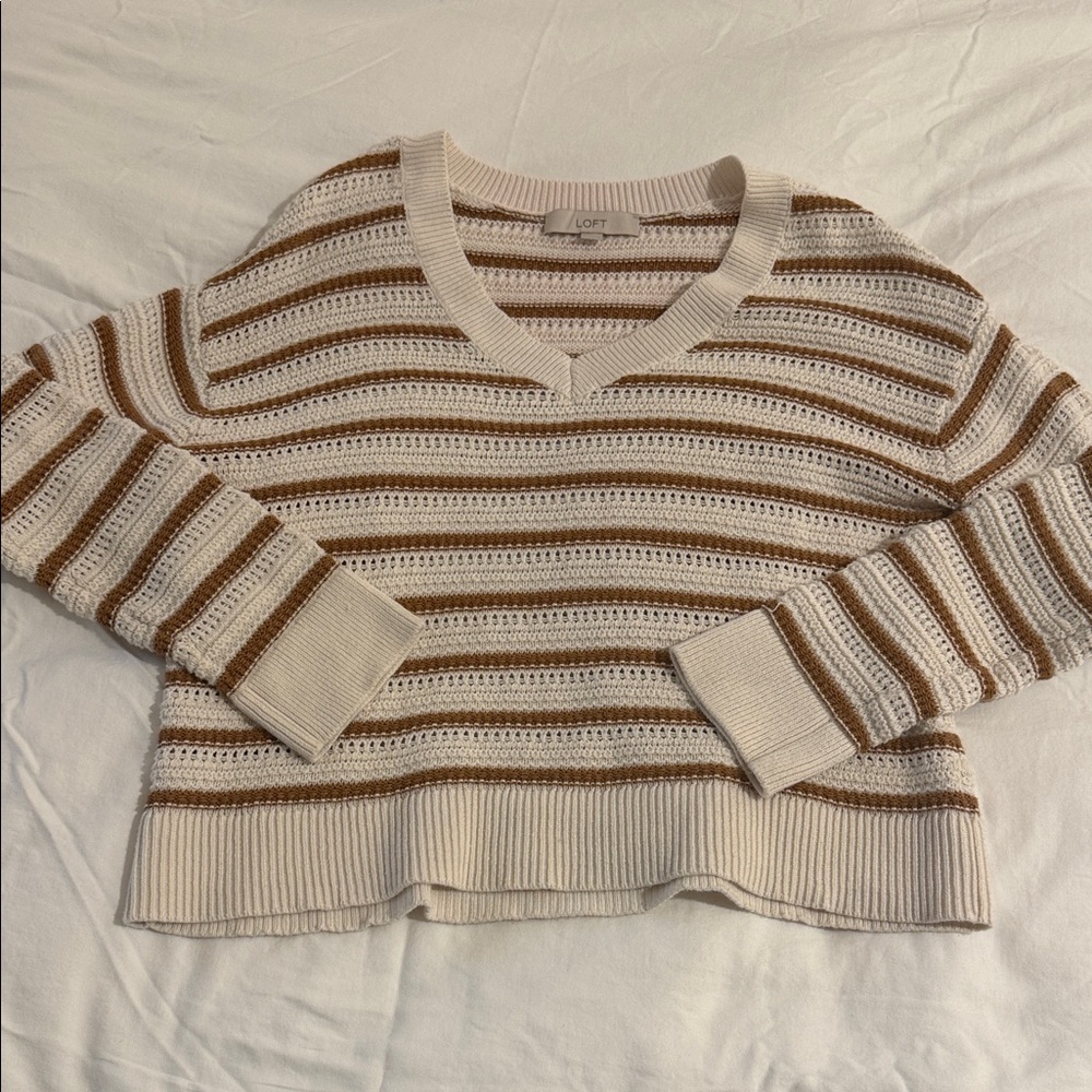 LOFT Women's Striped Sweater - Cream and Brown • Size S